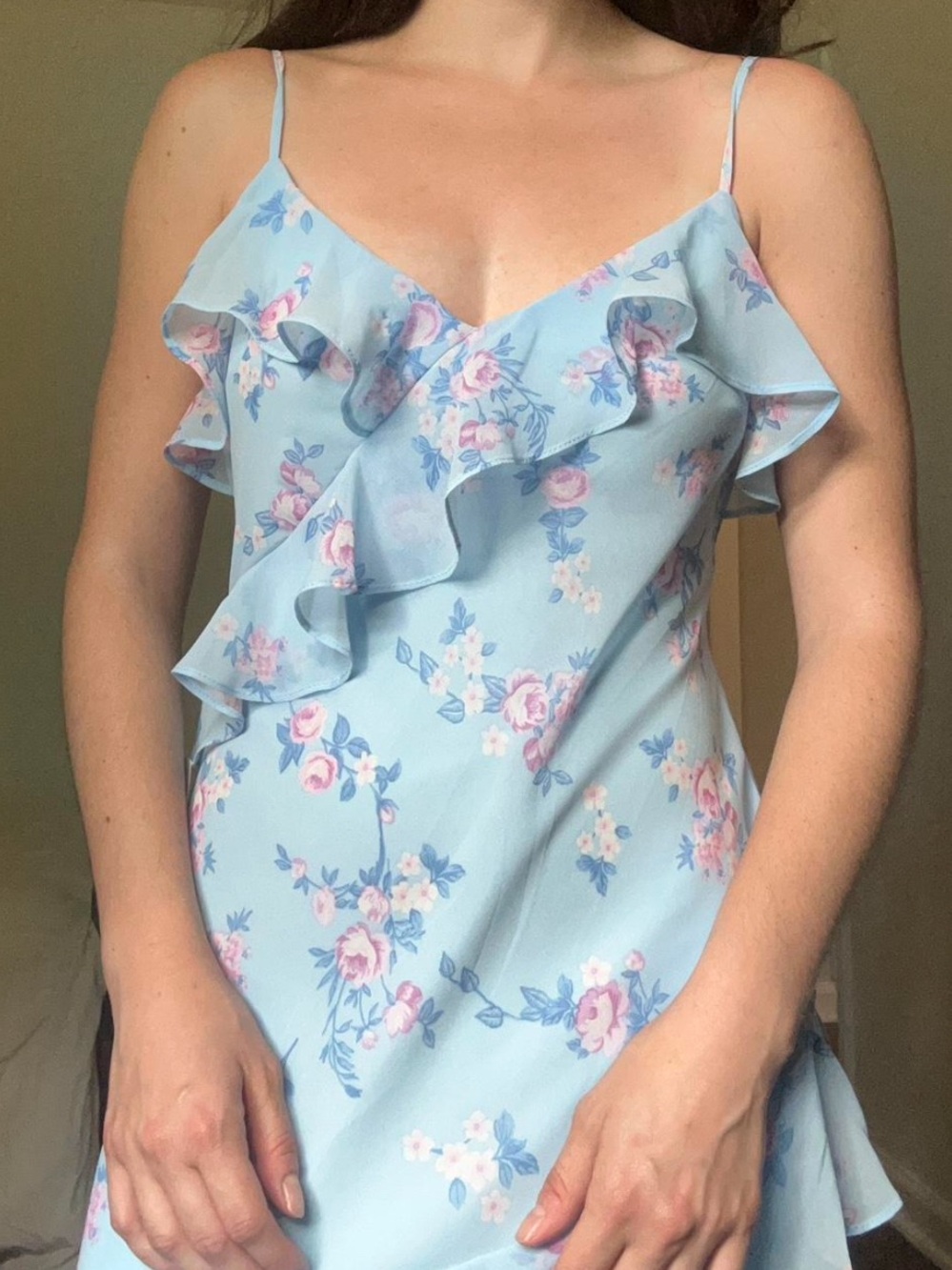 LoveShackFancy Light Blue Floral Ruffle Maxi Dress